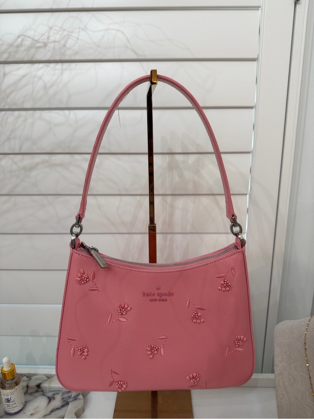 kate spade Coral Pink Embossed Floral Shoulder Bag - Picture 2 of 2